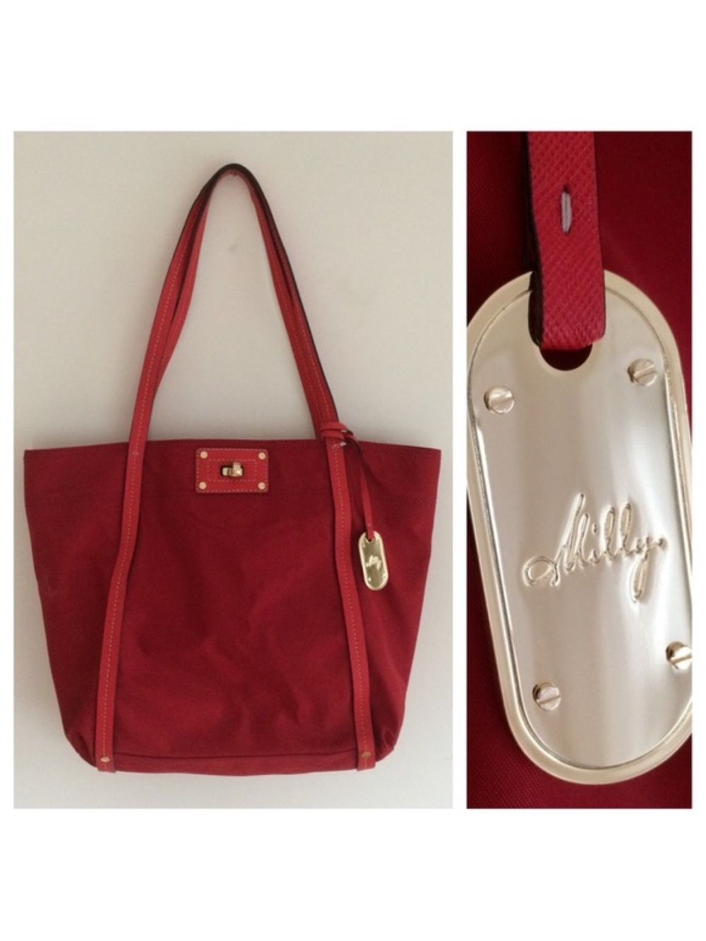 $185 MILLY Maya Red Nylon Leather Trim Tote SAKS